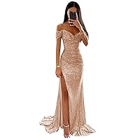 Women's Off The Shoulder Sequin Prom Dresses Long with Slit Sparkly Formal Dress Evening Gown