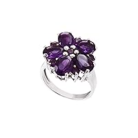 Natural Gemstone Amethyst Flower Ring Birthstone Promise Wedding Engagement Ring Jewelry 925 Sterling Silver Ring