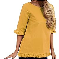 Loose Fit Long T Shirt for Ladies Fall Summer Short Half Sleeve Crewneck Linen Ruffle Tee Shirt Tops Women 2024