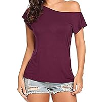 Womens Sexy One Shoulder Stretch Short Sleeve T-Shirts Summer Casual Slim Fit Trendy Solid Color Daily Tee Tops