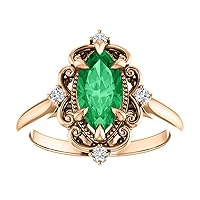 1 CT Vintage Inspired Marquise Emerald Engagement Ring 14K Yellow Gold, Victorian Natural Emerald Diamond Ring, Antique Green Emerald Ring, Wedding/Bridal Ring