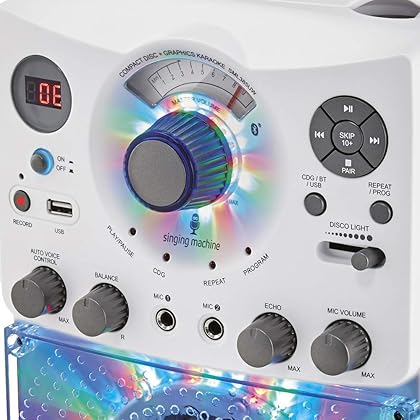 Singing Machine Portable Karaoke Machine for Adults & Kids with Wired Microphone, White - Built-In Karaoke Speaker, Bluetooth with LED Disco Lights - Karaoke System with CD+G Player & USB Connectivity