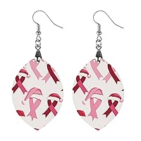 Breast Cancer Christmas Santa Hat Ribbon Wood Dangle Earrings Teardrop Pendant Drop Earrings Jewelry for Women Gifts