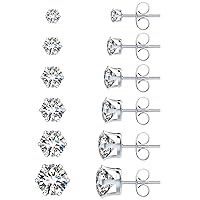 Girls 14K White Gold, Hypoallergenic Stainless Steel, 316L Cubic Zirconia Stud Earring Sets, 6 Pairs
