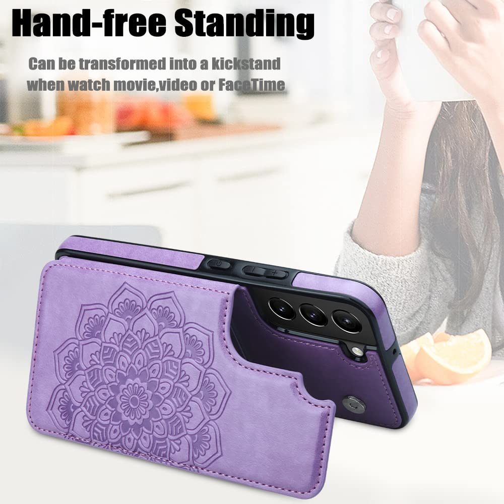 MMHUO for Samsung Galaxy S22 Case with Card Holder,Flower Magnetic Back Flip Case for Samsung Galaxy S22 Wallet Case for Women,Protective Case Phone Case for Samsung Galaxy S22 5G (2022),Purple