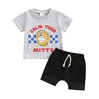Infant Baby Boy Baseball Outfit Calm Your Mitts Letter Print T-shirt and Drawstring Shorts Baseball Player Clothes