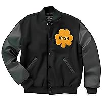 Mens Rudy Irish Fighting Football Wool and Leather Sleeves Black Letterman Varisty Jacket