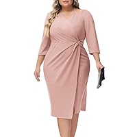 Hanna Nikole Women Plus Size Dresses Waist Ruched 3/4 Sleeve Bodycon Wrap Business Cocktail Dress