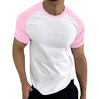 Men's Compression Crewneck Tee Tops Fashion Color Block Raglan Short Sleeve Shirts Comfortable Cotton Gym Workout Shirts