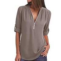 Andongnywell Women V-Neck Zipper Chiffon Shirt Roll-Up Sleeve Casual Loose Top Long Sleeve Cuffed Pleated Zip Up Blouse