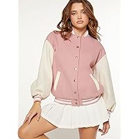 Women's Jackets Jackets for Women Colorblock Drop Shoulder Bomber Jacket Lightweight Fashion (Color : Dusty Pink, Size : X-Small)