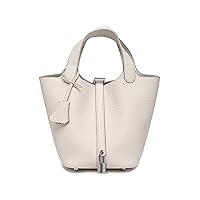 Women Genuine Leather Small Bucket Bag Fashion Silver Lock Design Top Handle Handbag Ladies Daily Casual Work Satchel