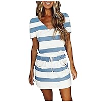 Womens Summer Causal Dress Striped Color Block V-Neck Dresses Short Sleeve Drawstring Waist Loose Dress with Pockets
