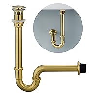 Brass P Trap with Bathroom Sink Stopper : 1-1/4 Sink Drain Bottle Trap Set with Overflow - Adjustable Height, Brushed Gold - Complete Basin Sink Plumbing Kit for Pipe Replacement