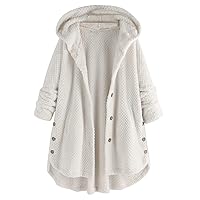 Plus Size Fuzzy Fleece Hood Coat Women Winter High-Low Hem Button Down Outwear Long Sleeve Casual Loose Hoodies