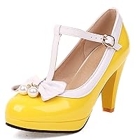 Women Cone Heel Mary Jane Shoes, High Heel Pumps Round Toe Buckle Party Shoes with Platform Bows Fashion, Size 2-12.5