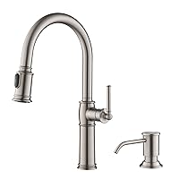 KRAUS Sellette Traditional Spot Free Stainless Steel Single Handle Pull-Down Kitchen Faucet with Deck Plate and Soap Dispenser, KPF-1682SFS-KSD-80SFS