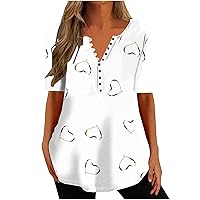 Womens Cute Heart Printed Henley Tunic Tops Button Up T-Shirts Summer Short Sleeve V-Neck Casual Dressy Blouses