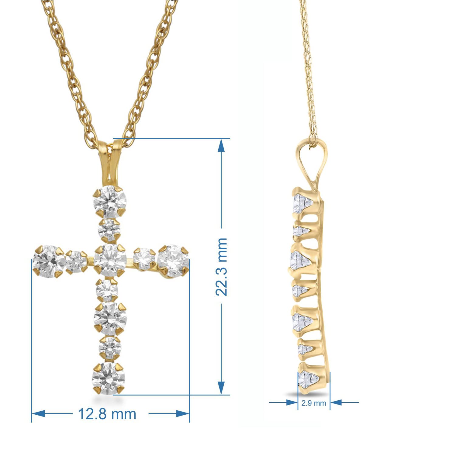 Jewelili 10K Gold 2 MM and 3 MM Round White Cubic Zirconia Cross Pendant Necklace, 18