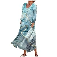 Dresses for Women 2024 Printed 3/4 Sleeve Dress with Pocket Casual Vacation Beach Dress Lightweight Trendy Sun Dress