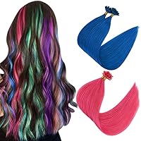 Hair Extensions Bundles U Tip Human Hair Extensions Blue 16 Inch and Hot Pink 16 Inch Nail Tip Hair Extensions Hot Fusion U Tipped Hair Extensions Straight 25 Strands pre Set