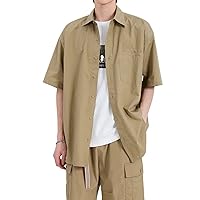 通用 Spring/Summer Cotton Mid Sleeve Shirt Men's Loose Casual Lapel Top Cotton Cardigan Jacket,3,L