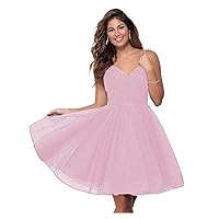 V-Neck Tulle Short Homecoming Dresses Sparkly Pleated Spaghetti Straps A-Line Cocktail Dresses