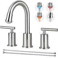 LED Bathroom Faucet Brushed Nickel, 8 Inch Widespread Bathroom Sink Faucets, 2-Handle 3 Hole Bathroom Lavatory Faucet, Basin Mixer Tap Faucet, Drain Assembly Included (LED-BN)