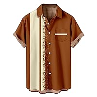 Hawaiian Bowling Shirts for Men Short Sleeve Summer Color Block Beach Shirt with Pockets Casual Button Down Shirts
