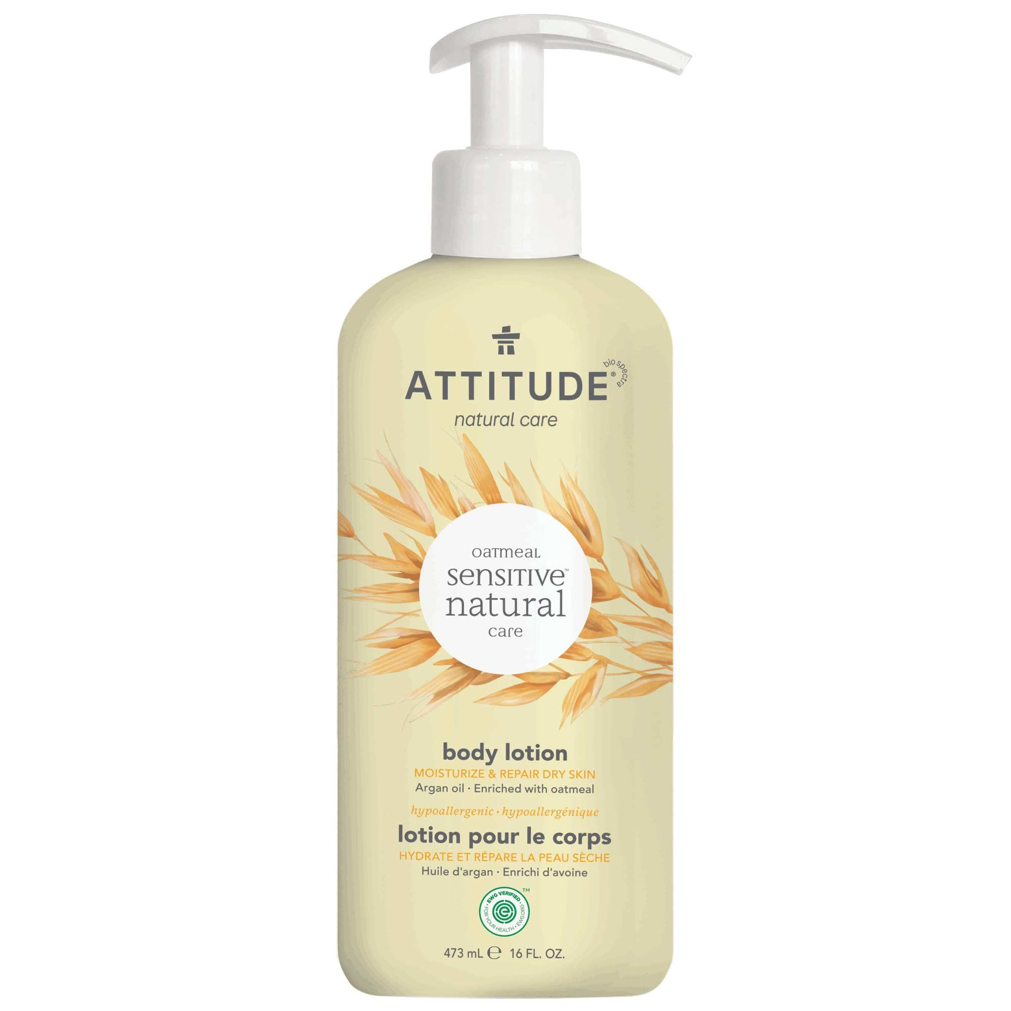 ATTITUDE Moisturizing Body Lotion for Sensitive Skin Enriched with Oat and Argan Oil, EWG Verified, Hypoallergenic, Vegan and Cruelty-free, 16 Fl Oz