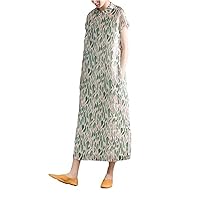 Chinese Style Womens Summer Vintage Printed Qipao Cotton Linen A-Line Dresses Floral Garment Sleeves Cheongsam