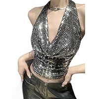 Women's Y2K Ins Hot Sparkle Sexy Glitter Deep V Neck Halter Sequin Tanks Camis Sleeveless Tops Party Clubs Blouse