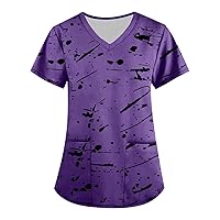 Work Scrub Tops for Women Fall Summer Short Sleeve V Neck Floral Loose Fit Long Tops Blouses Shirts Women 2024