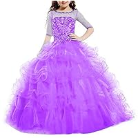 Girl's Jewel Neck Beaded Pageant Dresses Organza 3/4 Long Sleeve Birthday Party Dresses