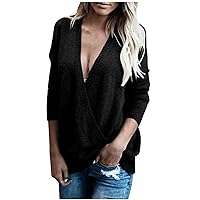 Women's Long Sleeve Tops Deep V Neck Loose Fit Soft Shirts Fashion Casual Trendy Solid Color Tee Shirt Blouses