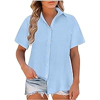 Linen Shirts for Women Cotton Button Down Shirt Short Sleeve Loose Fit Collared Casual Work Blouse Plus Size Tops