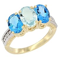 14K Yellow Gold Natural Aquamarine & Swiss Blue Topaz Sides Ring 3-Stone 7x5 mm Oval Diamond Accent, Sizes 5-10