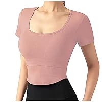 Padded Workout Tops for Women, V Neck Yoga Gym Sports T-Shirts, Athletic Short Sleeve Cropped Tees with Built in Bra