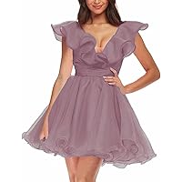 Women's Organza Short Homecoming Dresses Ruffle V-Neck Ball Gowns Party Dress Short Prom Dresses A-Line Cocktail Gowns