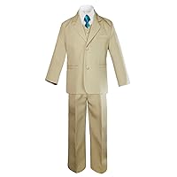 6pc Boy Khaki Suits with Satin Turquoise Blue Necktie Outfit Baby to Teen