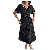 Women's Summer Dresses, 2024 V Neck Large Hem Pleated Long Dress Peplum for Women Work Professional, S, XL