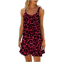Summer Leopard Sundress for Womens Casual Loose Sleeveless Boat Neck Tank Dress Beach Vacation Mini Tunic Dresses