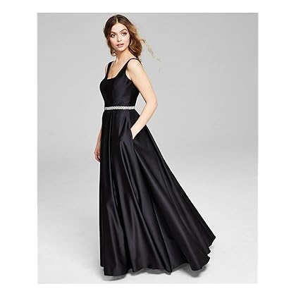 Blondie Nites Womens Black Embellished Zippered Lined Pocketed Sleeveless Square Neck Full-Length Party Gown Dress Juniors 11