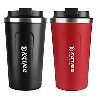 KETIEE Travel Mug Set of 2, 12oz Insulated Travel Coffee Mug to Go, Coffee Tumbler, Reusable Coffee Cups with Lid, Vacuum Stainless Steel Coffee Travel Mug for Hot/Cold Coffee Tea (Black+Red)