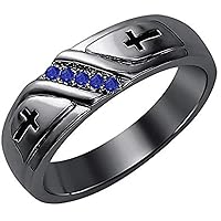 Wedding 5-Stone Men's Cross Ring Round Cut Created Blue Sapphire 14K Black Gold Over .925 Sterling Silver