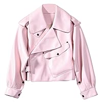 Women's Biker Blush Pink Real Sheepskin Lapel Collar Rider Fashion High Street Loose Smooth Crossover Leather Jacket
