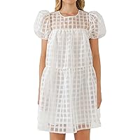 English Factory Women's Gridded Puff Sleeves Mini Dress