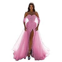 Glitter Sequin Prom Dresses 2022 Mermaid Slit Tulle Evening Sparkly Stretch Formal Gown with Undetachable Train DR0087