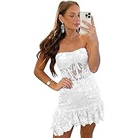 Women's Strapless Tight Homecoming Dresses for Teens Sparkly Sequin Lace Applique Short Prom Dress