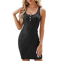 Halter Dresses for Women Solid Color Classic Texture Sexy Slim with Sleeveless Button Square Neck Tunic Dress